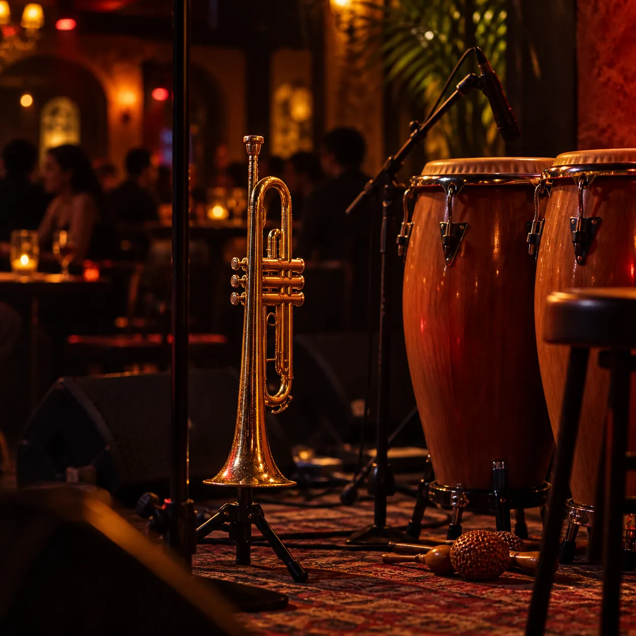 A trumpet and congas on a small stage in a dark Latin music club