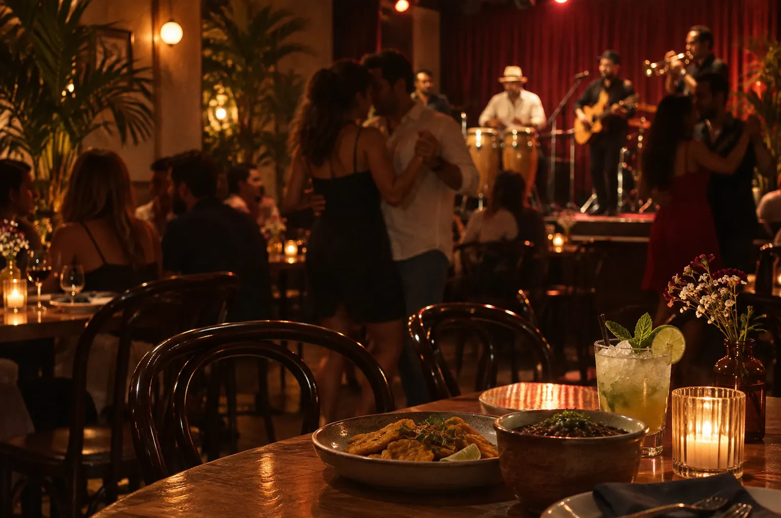 An intimate Latin music club with a small stage, close-set tables and a compact dance floor