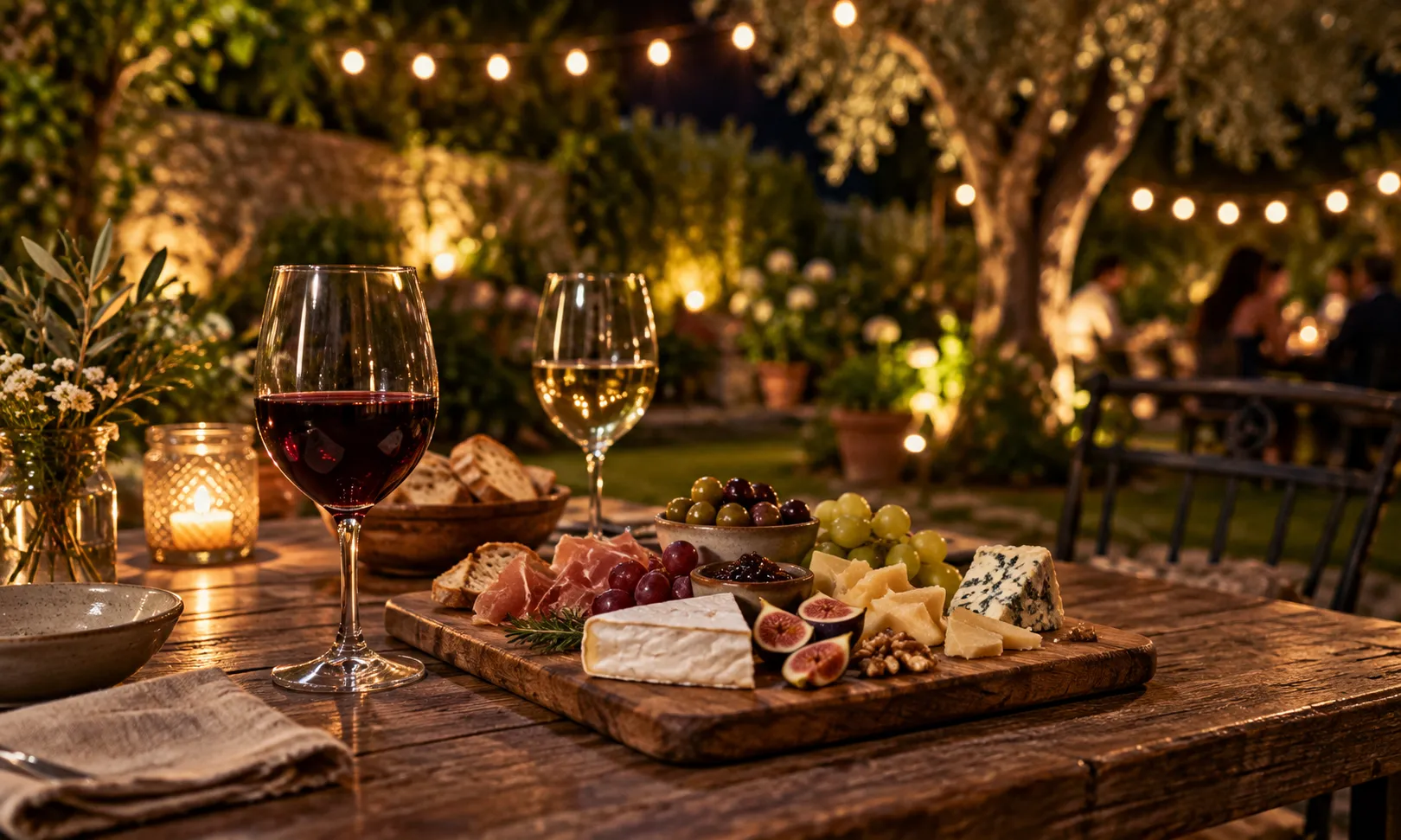 Glasses of wine and a cheese board on a wooden table in a string-lit outdoor garden at night