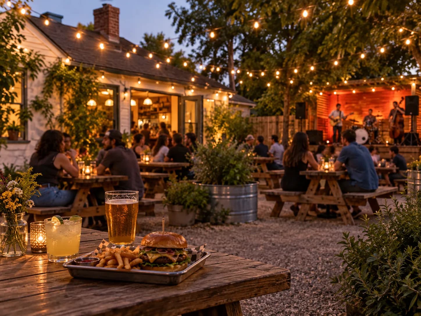 A backyard bar in a converted house with picnic tables, string lights overhead and a small stage