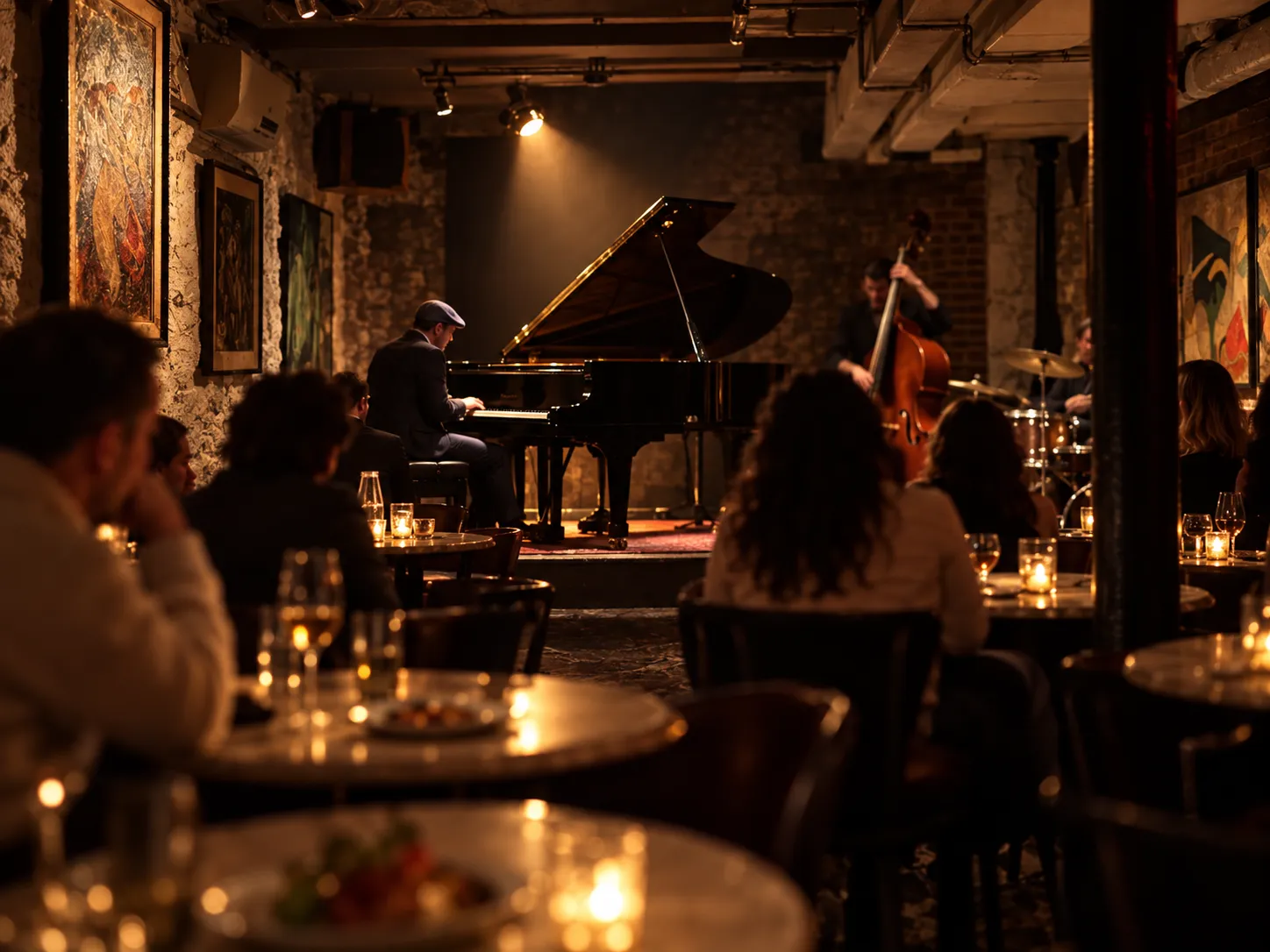 A grand piano lid raised on a small basement stage under a single warm spotlight