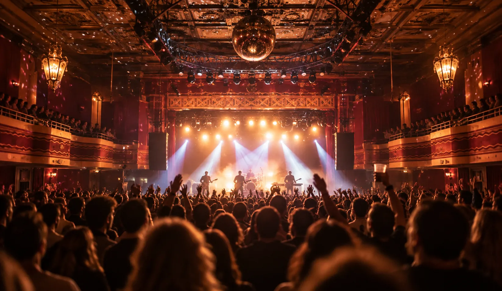 A crowd silhouetted against stage lights in a large historic ballroom music venue