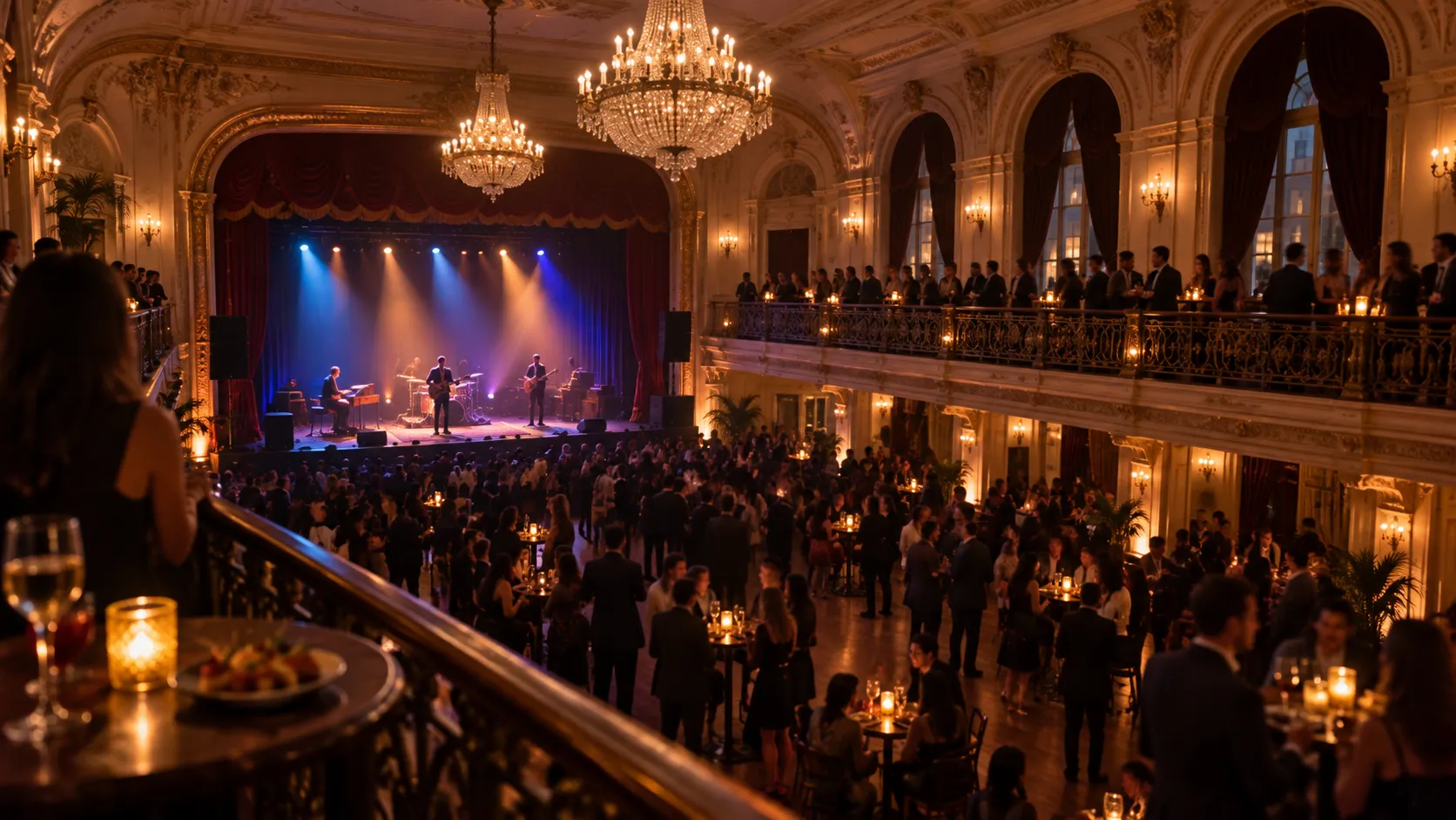A grand old ballroom converted into a music venue with a balcony, high ceiling and stage at one end