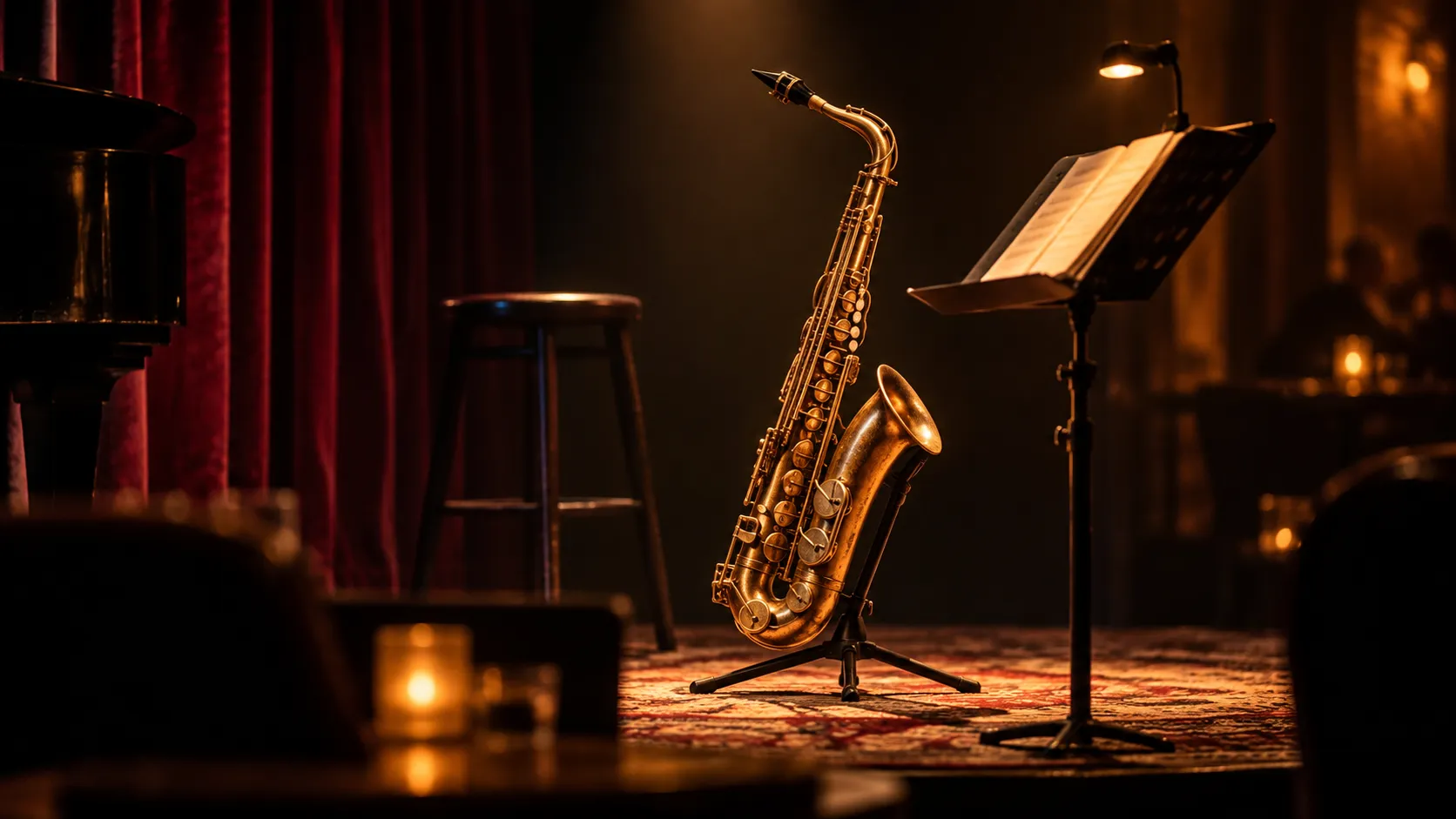 A saxophone and music stand on a small stage under focused warm lighting