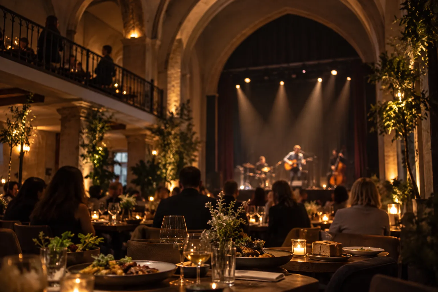 A stage lit from above in a tall arched room with a mezzanine balcony visible