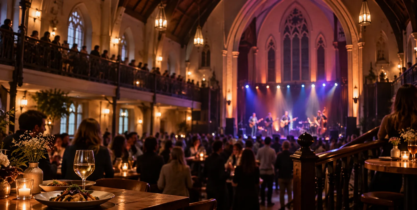 A converted chapel music venue with a very high arched ceiling, mezzanine level and stage at one end