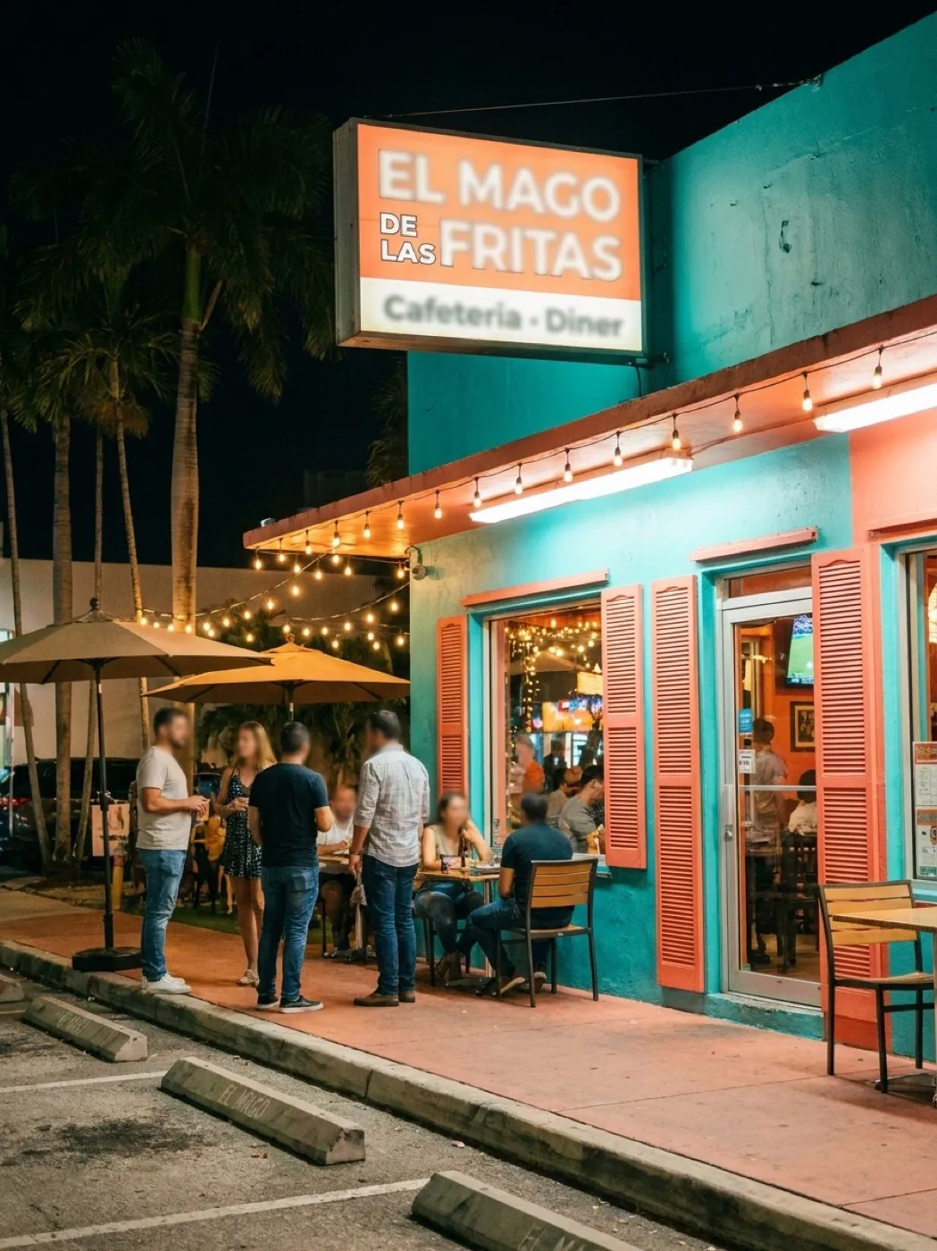 A brightly painted Little Havana bar front at night with open shutters, string lights and people spilling onto the pavement