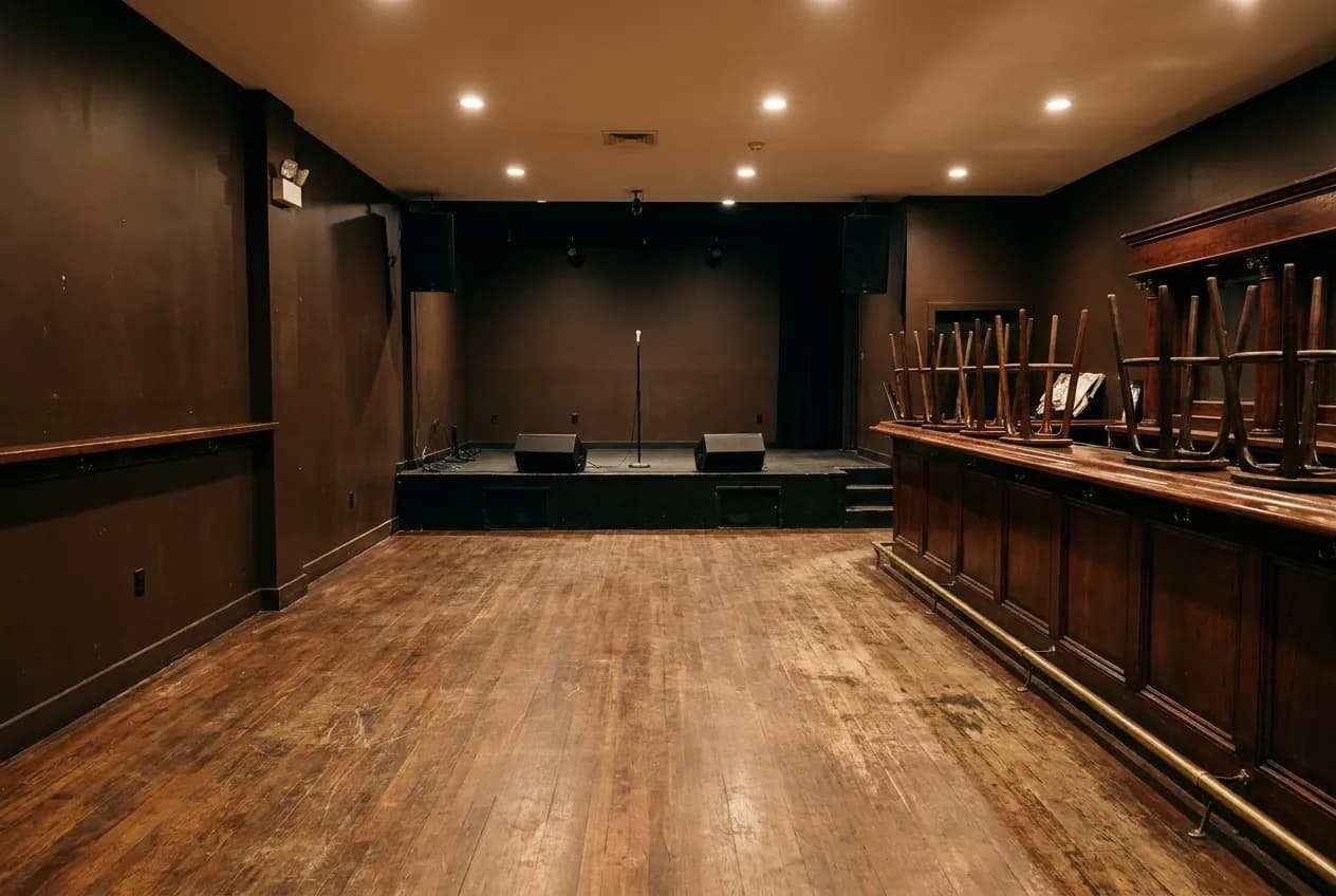 A small standing music hall with a low stage and a bar along one wall