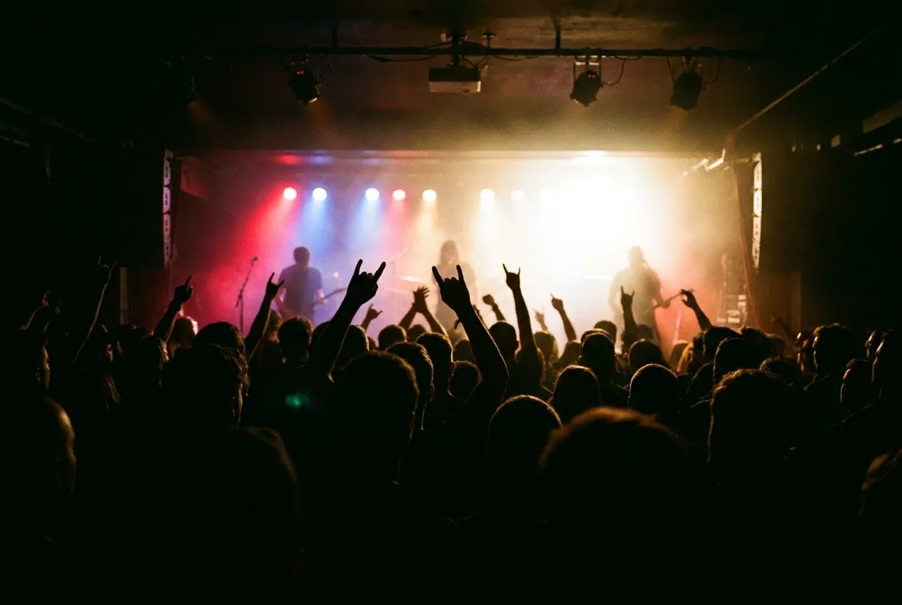 A crowd of silhouettes in front of a brightly lit small stage
