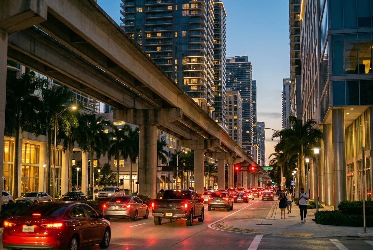 Metromover guideway crossing Brickell Avenue at dusk with traffic below and illuminated towers behind