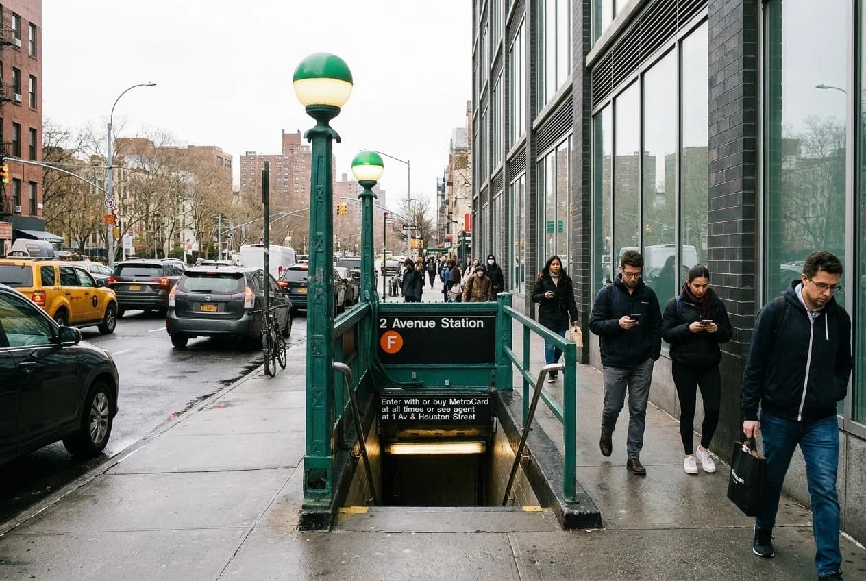 Second Avenue F-train subway entrance on East Houston Street with MTA globe and stairs.