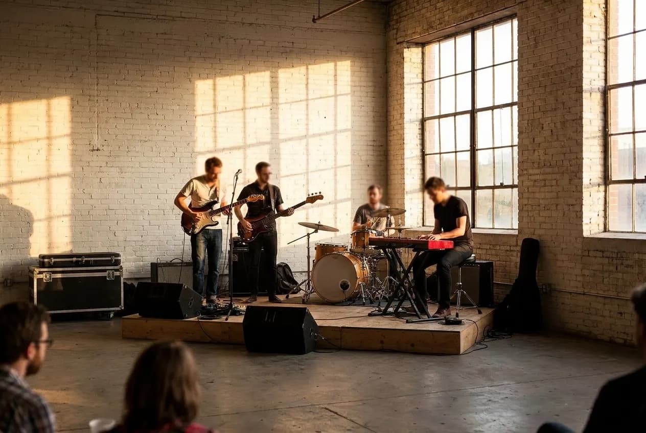 A band playing on a small stage in a warehouse room
