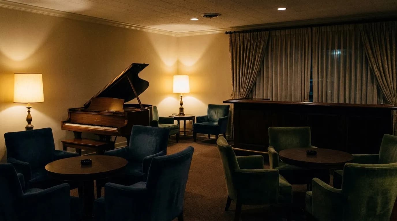 A hotel bar corner at night with a grand piano, low lamps and empty velvet chairs around small tables