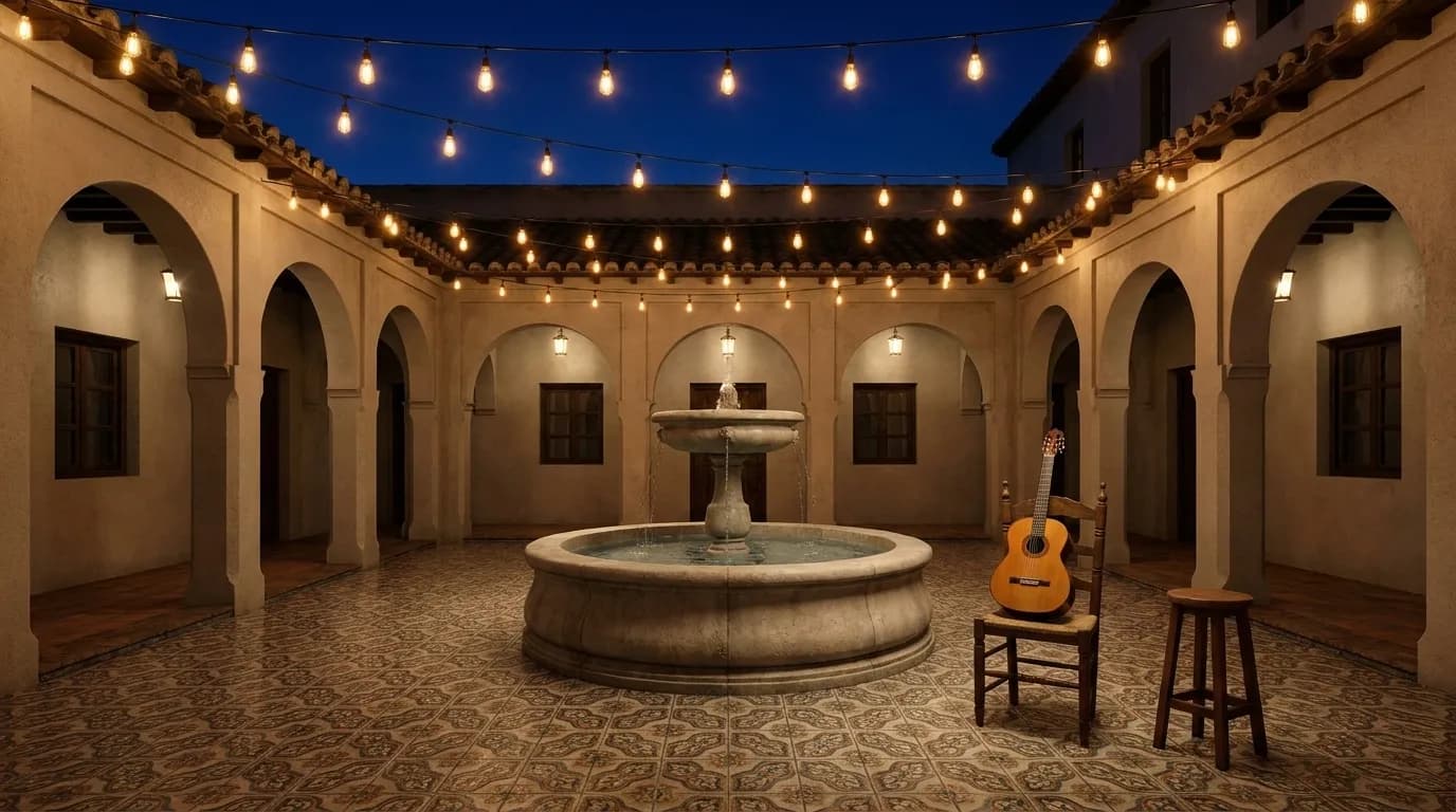 A tiled Mediterranean courtyard at night with strings of lights above and a guitar resting on a chair