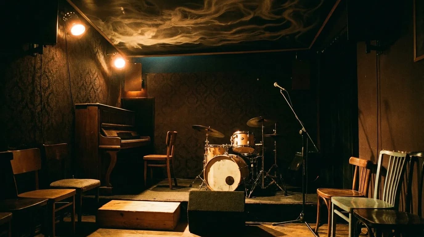 A tiny stage in a low-ceilinged room lit by two warm spotlights, an upright piano to one side, a drum kit set up and mismatched chairs pulled close in the front row