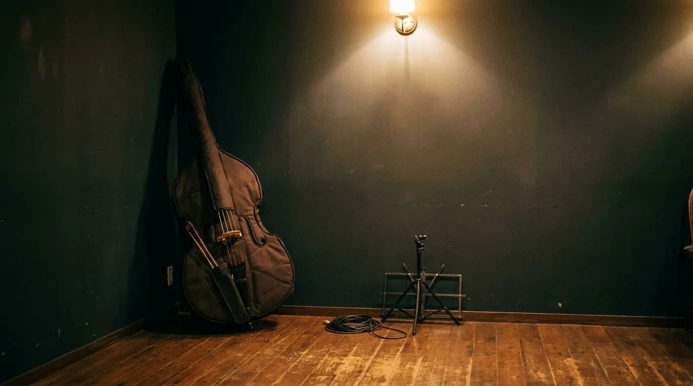 A double bass leaning against a bar-side wall beside a folded music stand and a coiled cable, under a single warm wall light