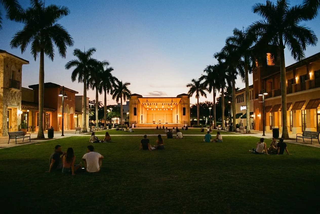An open lawn at dusk with a lit stage at the far end and scattered groups sitting on the grass, palms silhouetted against a fading sky