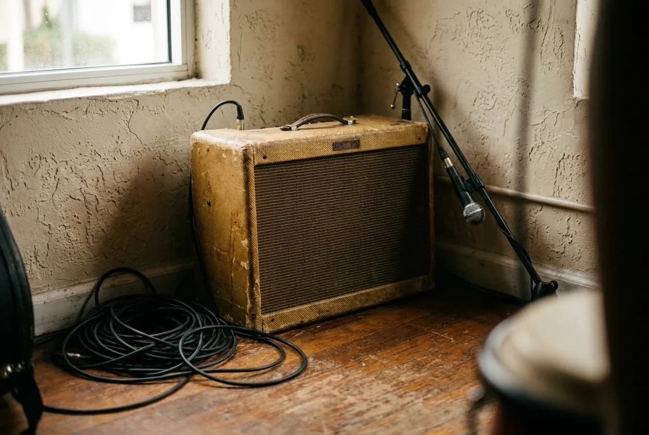 A guitar amplifier and coiled cables in the corner of a bar, a microphone stand leaning against the wall behind it