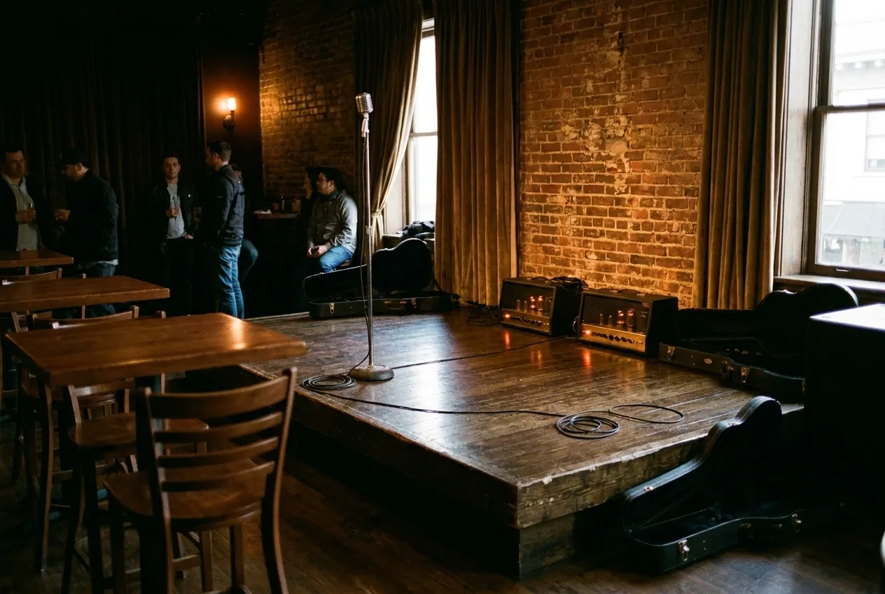 A small stage with a microphone stand and amplifiers under warm light
