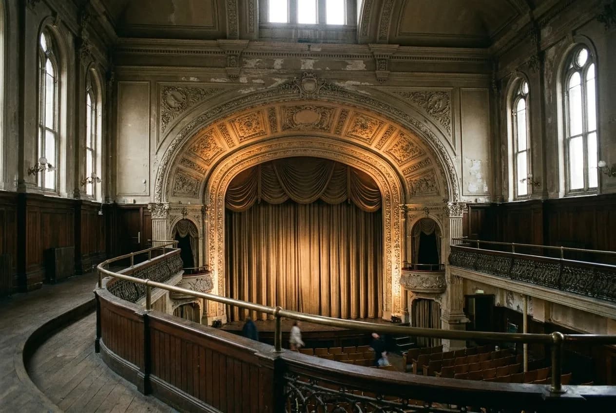 The interior of an ornate music hall with a curved balcony rail and decorative plasterwork, stage lights washing the proscenium below
