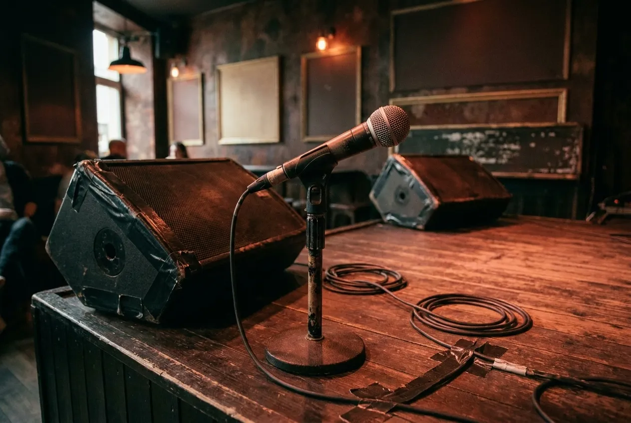 A microphone on a stand at the front of a small stage with wedge monitors either side, cables taped down across the boards