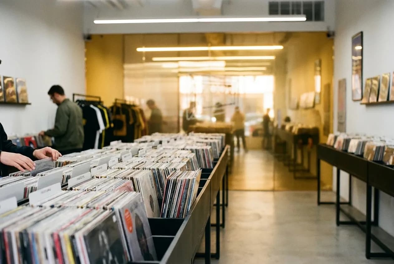 Long racks of vinyl records in a large shop interior, browsers' hands flicking through sleeves under bright overhead light