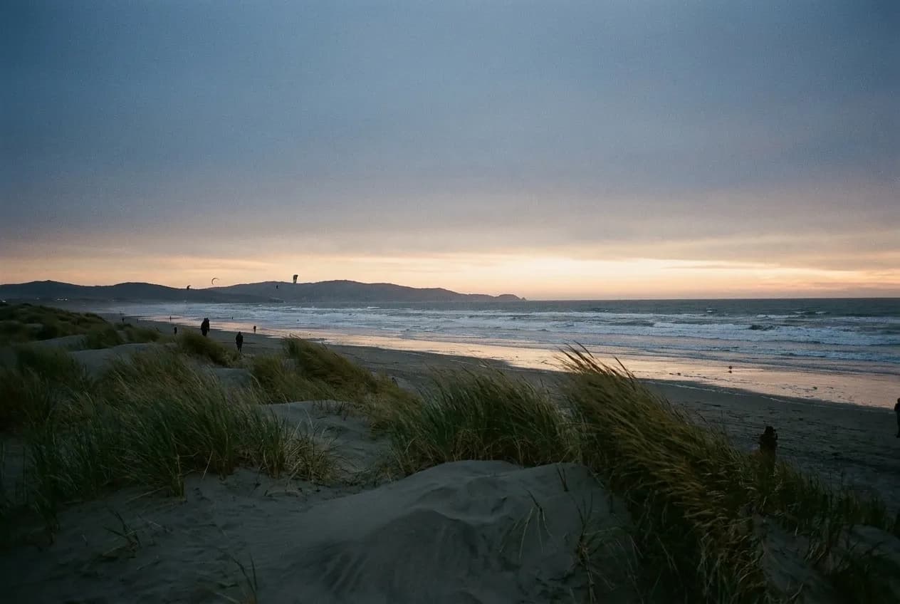 A wide beach at dusk with low dunes and a broad flat sky, the last light along the horizon and grass moving in the foreground