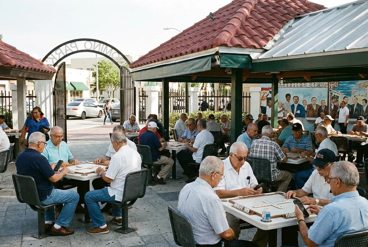 Domino players at covered tables in Máximo Gómez Park, Little Havana, with Calle Ocho in background