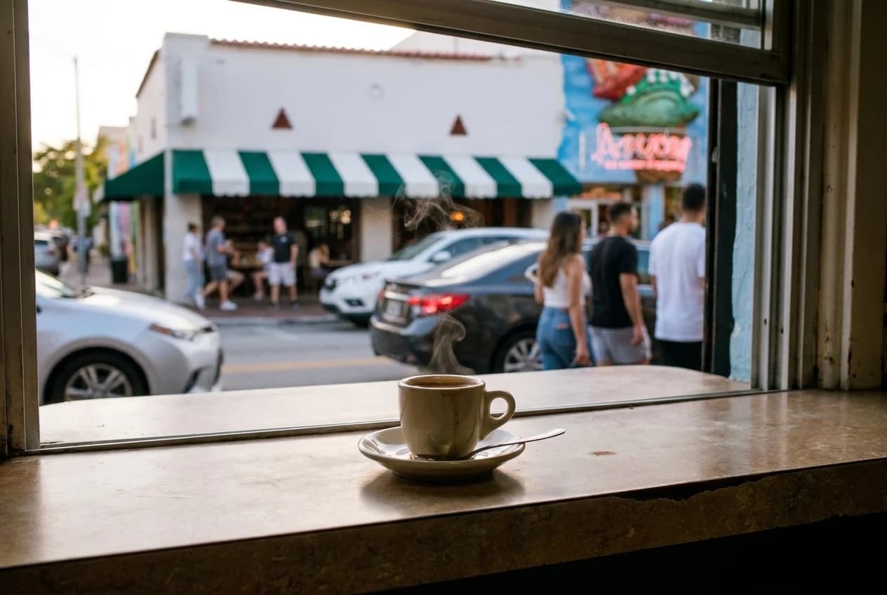 Cuban espresso cup on a Little Havana coffee window counter with Calle Ocho street visible behind