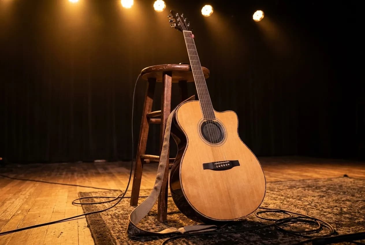 An acoustic guitar resting against a bar stool under warm stage lighting