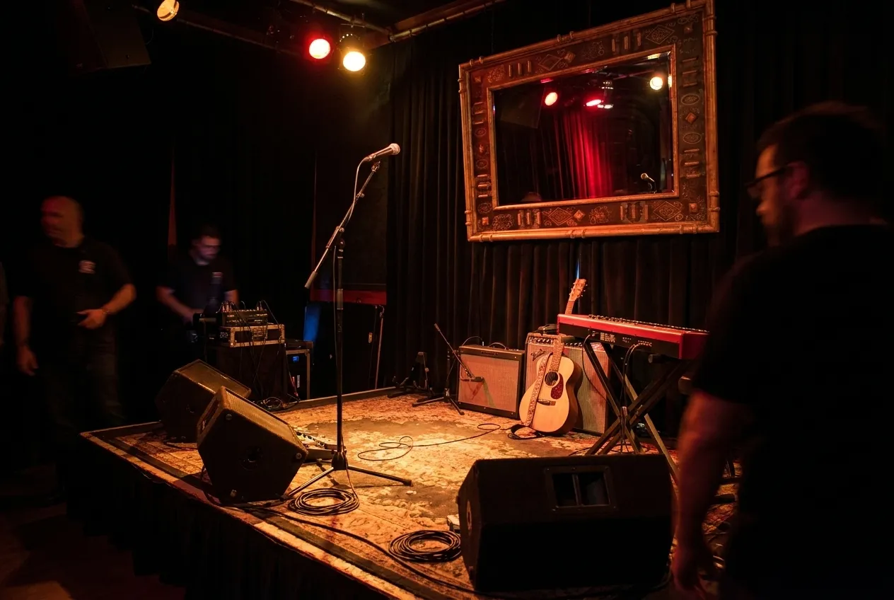 A small stage in a dark room with monitors and a microphone stand under coloured light