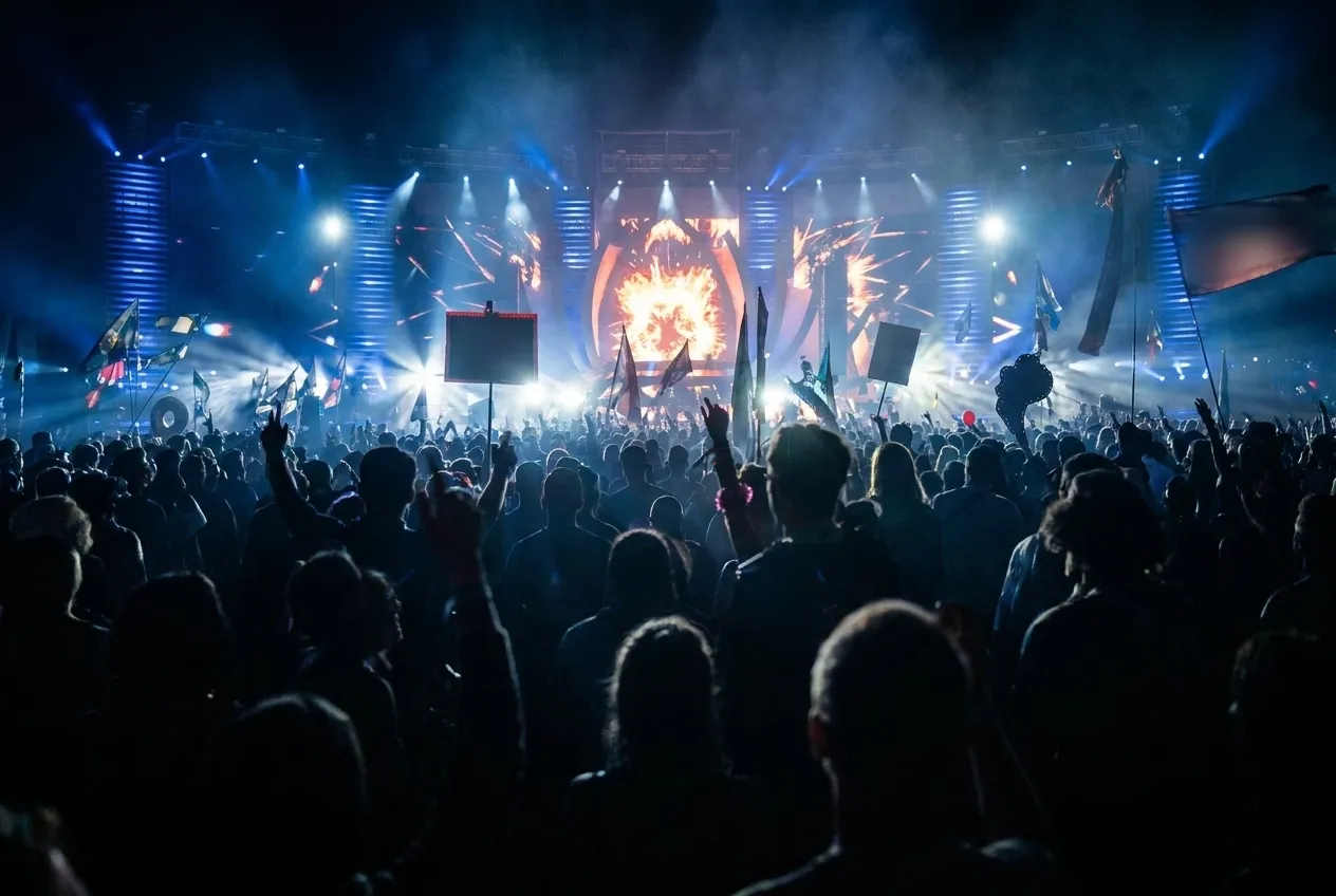 A crowd silhouetted in front of a lit stage