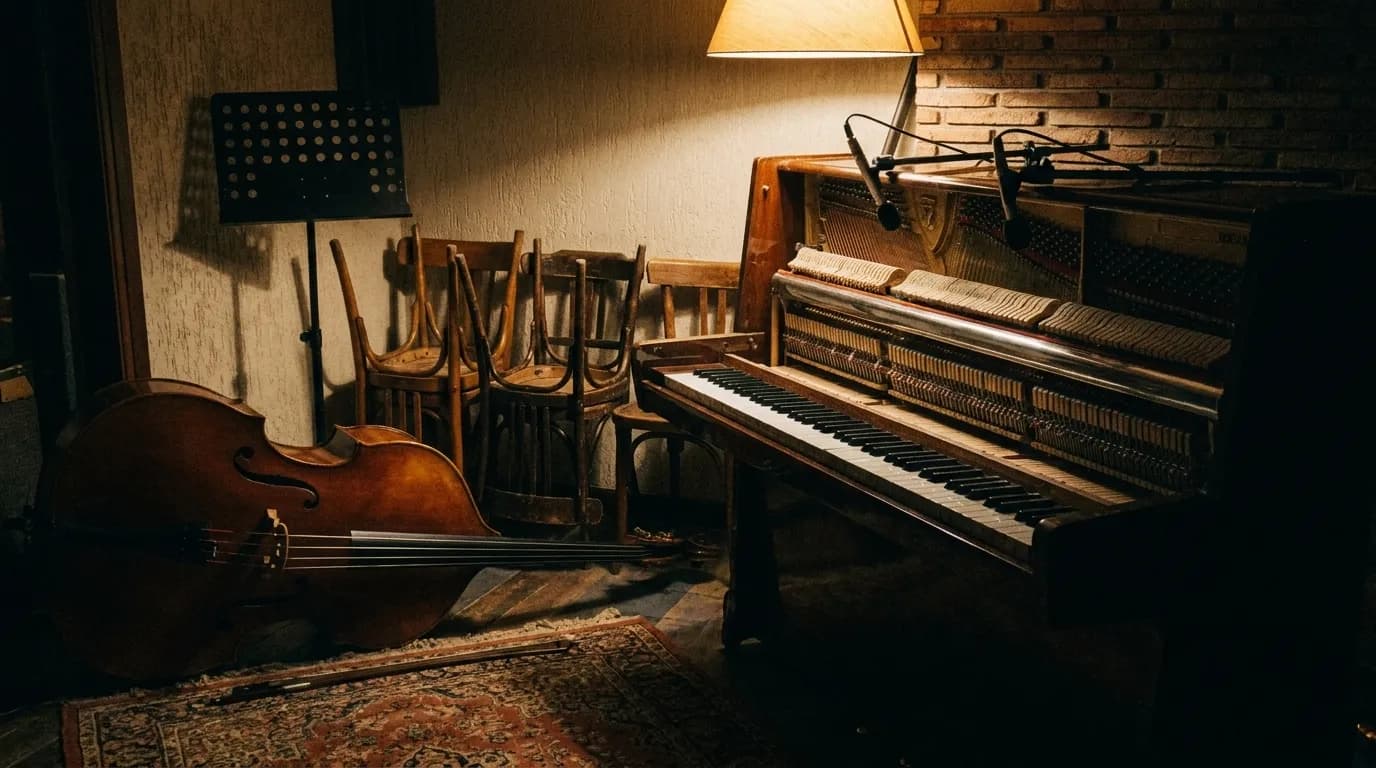 An upright piano and a double bass in the corner of a small dim room with a rug underfoot and warm lamplight from a single shaded fixture