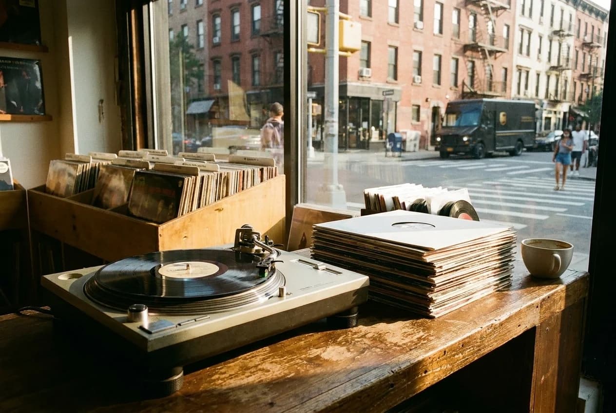 Turntable and vinyl records on a shop counter with afternoon sunlight and bins in background