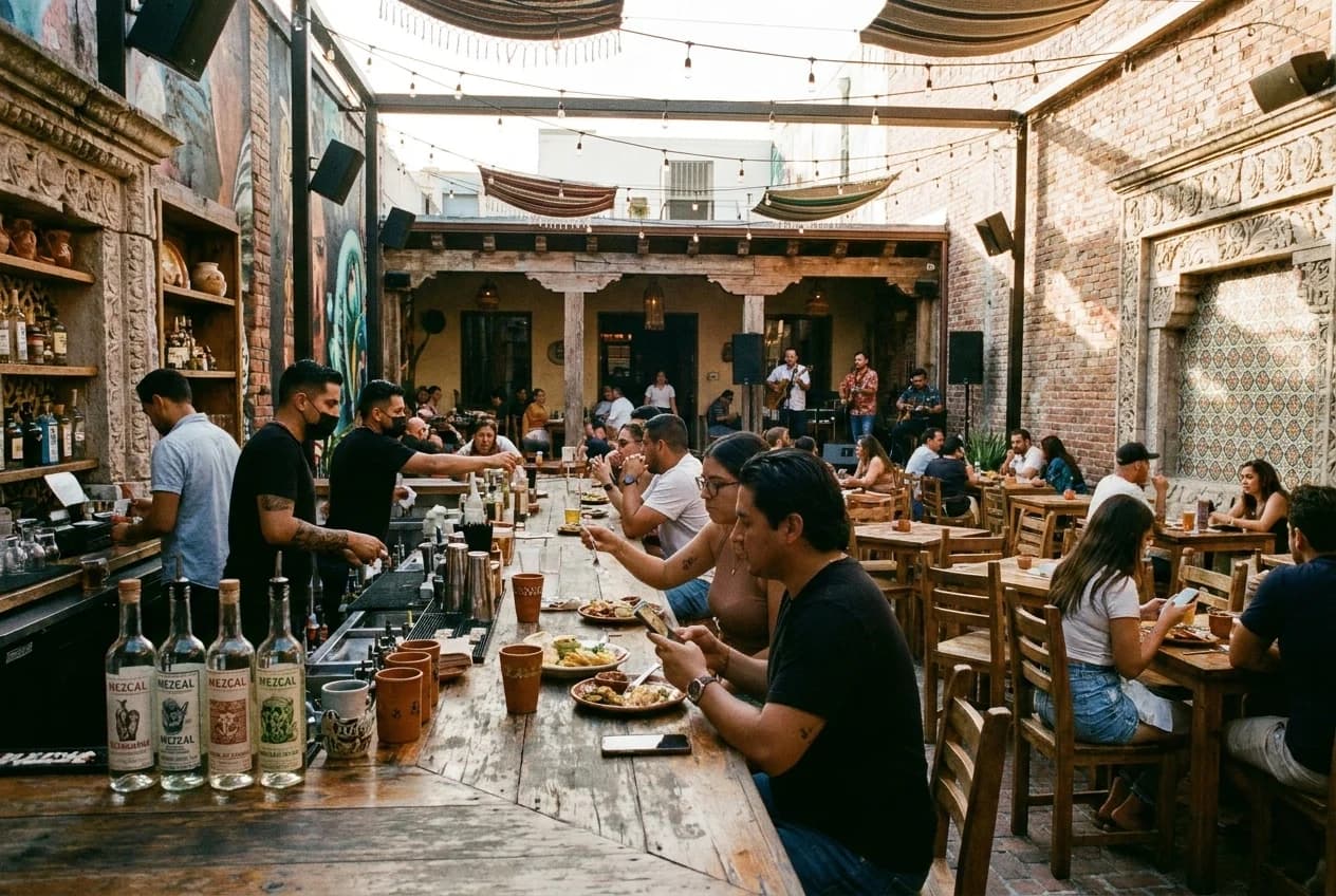 Mayami Wynwood open-air courtyard with dining tables and live entertainment stage area