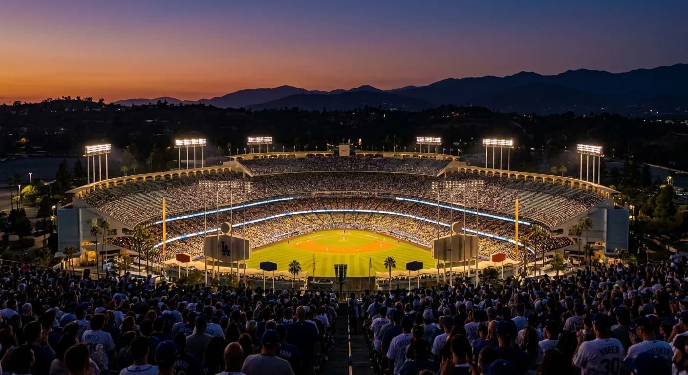 Dodger Stadium illuminated at night with the field and stands visible under stadium lights in Elysian Park