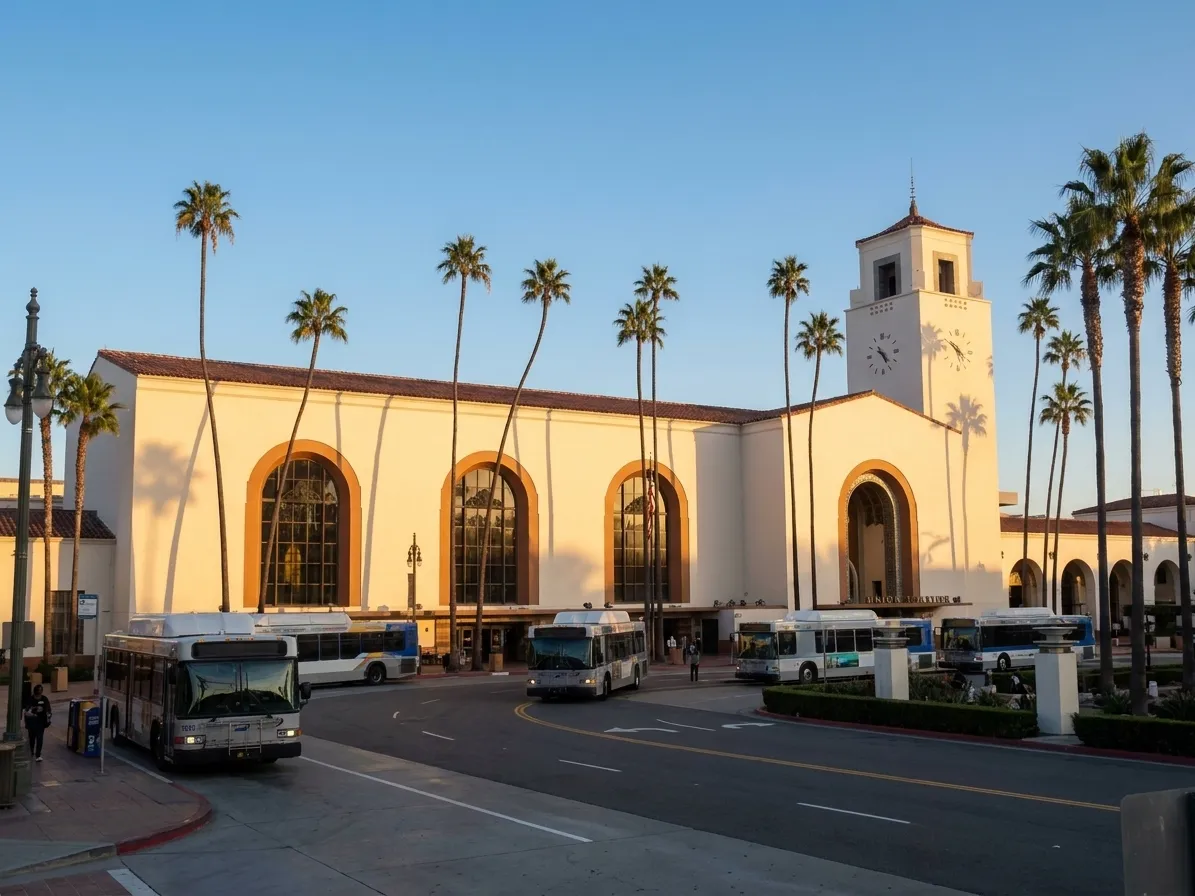 Union Station's historic exterior in downtown Los Angeles where the Dodger Stadium Express shuttle departs