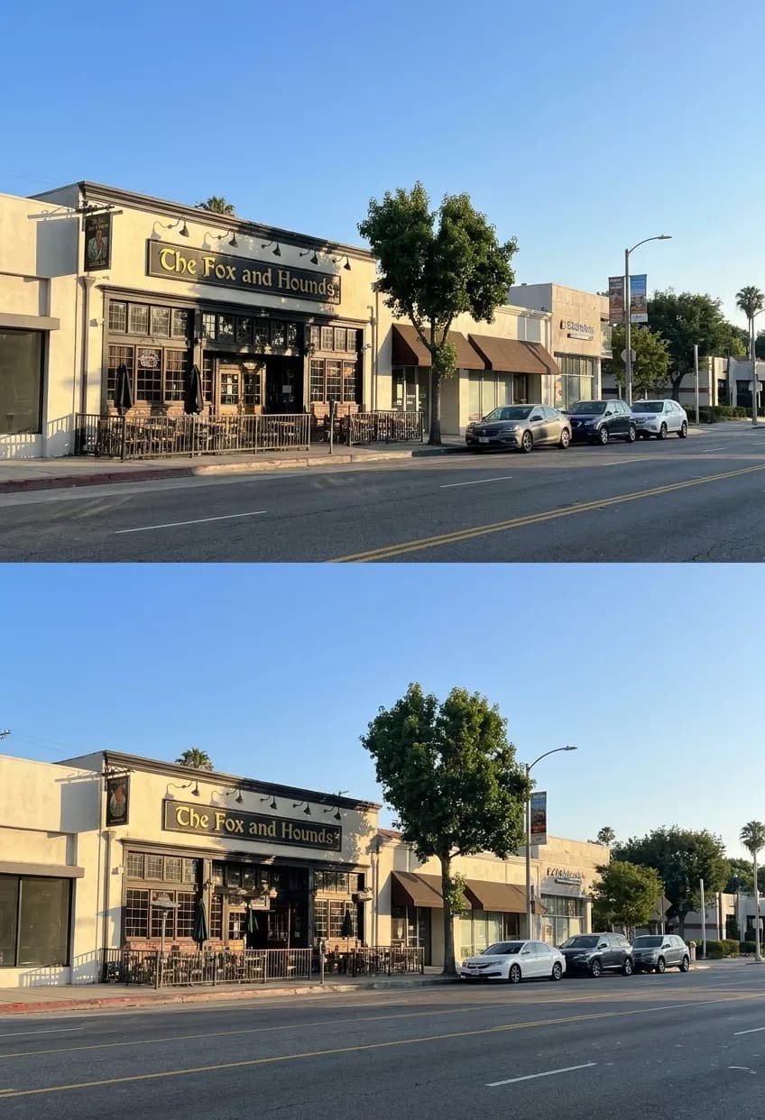 The Fox and Hounds British pub exterior on Ventura Boulevard in Studio City with outdoor patio seating