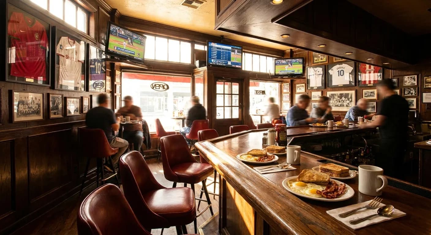 Interior of Ye Olde King's Head showing the main bar with multiple TV screens and British memorabilia on walls