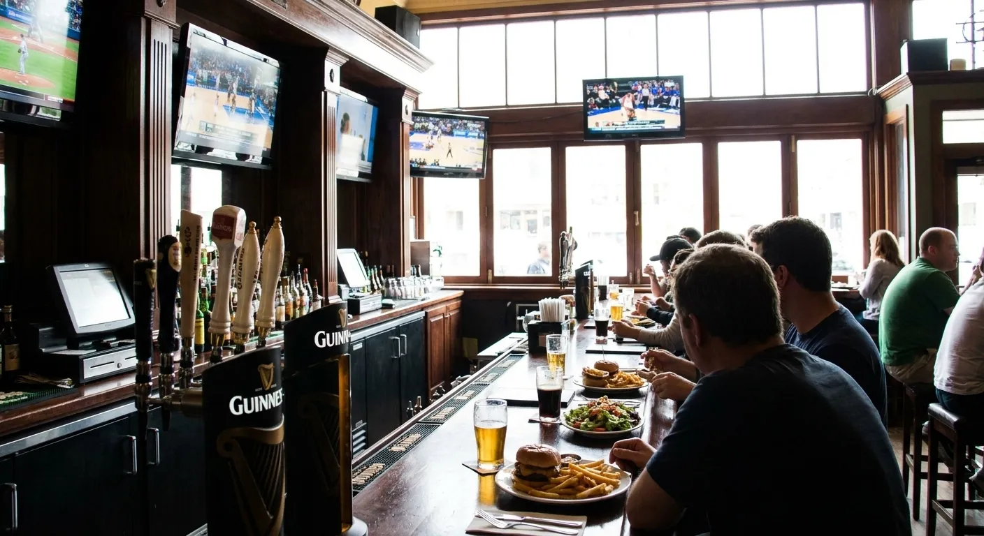 Dark wood bar interior with multiple television screens mounted on walls and Guinness taps in foreground at San Francisco Irish pub