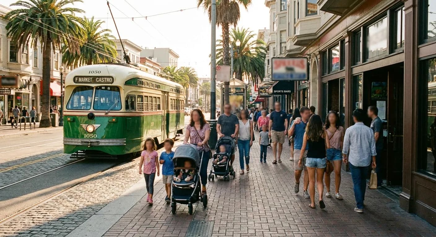 Wide view of Castro neighborhood Market Street with historic streetcar tracks, storefronts, and afternoon sunlight in San Francisco