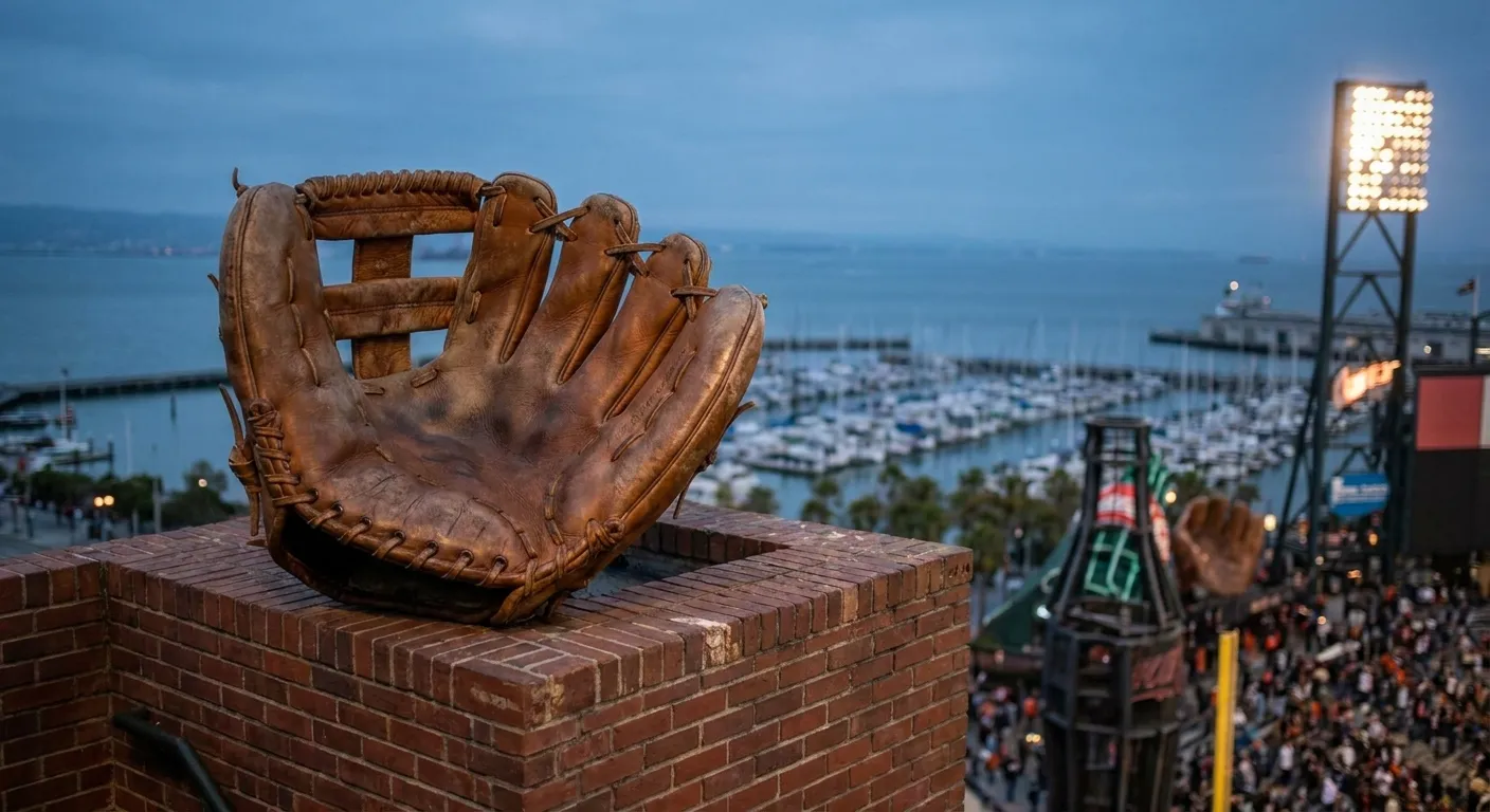 Worn leather baseball glove resting on Oracle Park brick wall with San Francisco Bay in soft focus beyond