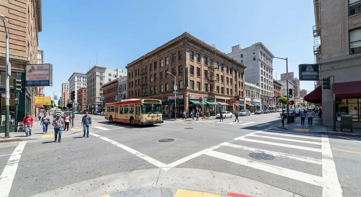 Fifth and Howard Street intersection in SoMa, San Francisco, showing pedestrian crosswalks and urban streetscape with commercial buildings
