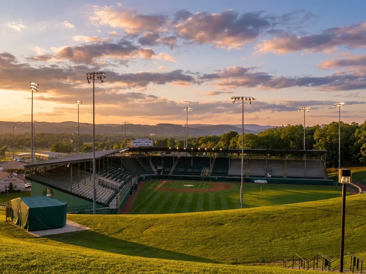 Lamade Stadium at dusk in Williamsport, Pennsylvania, with field lights illuminating the diamond and hillside seating visible in background