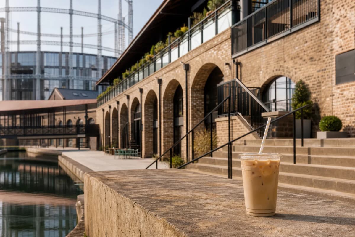 Coal Drops Yard-style brick arches with iced coffee route