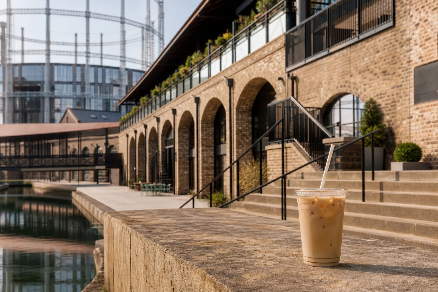 Coal Drops Yard-style brick arches with iced coffee route