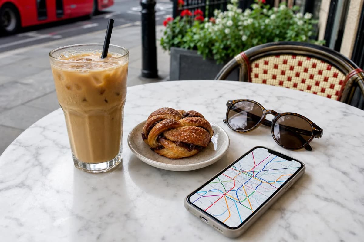 London iced coffee and pastry cooldown table