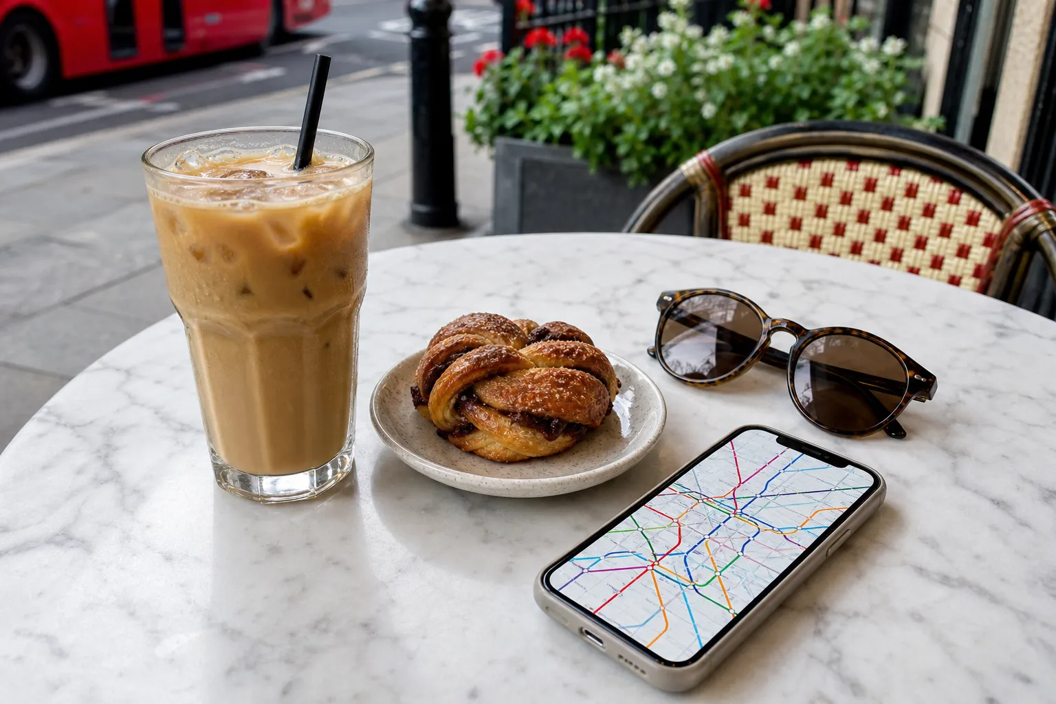 London iced coffee and pastry cooldown table