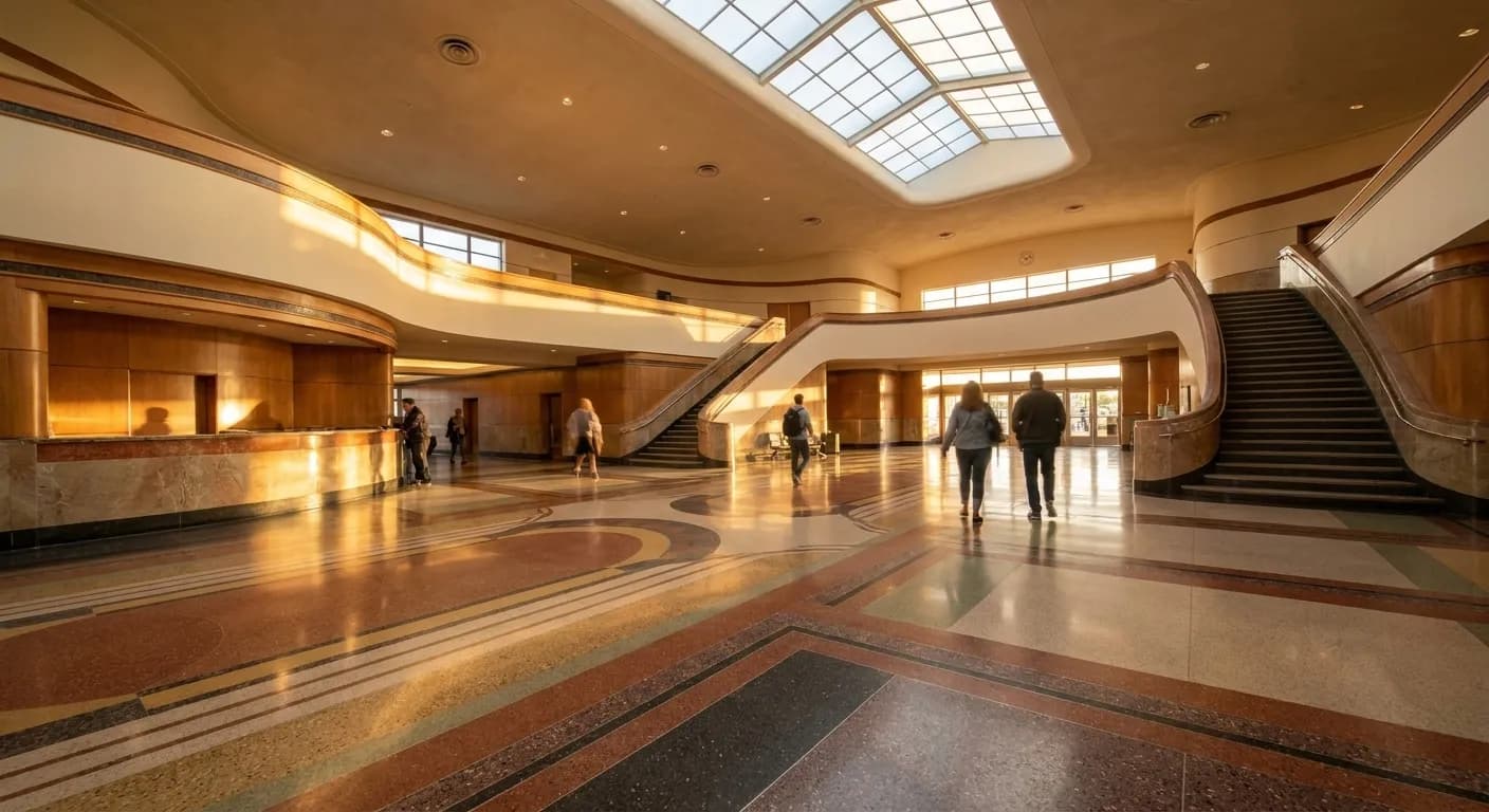 Wide view of Long Beach Airport's restored 1942 Streamline Moderne terminal interior, showcasing Grace Clements' intricate WPA mosaic tile floor with geometric patterns and aerodynamic curves under natural skylight illumination