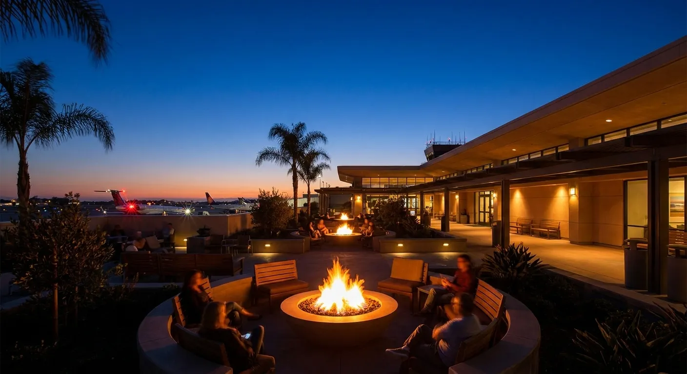 Evening view of Long Beach Airport's open-air passenger concourse featuring fire pits, outdoor seating areas, and landscaped courtyard with aircraft visible on the tarmac under twilight sky